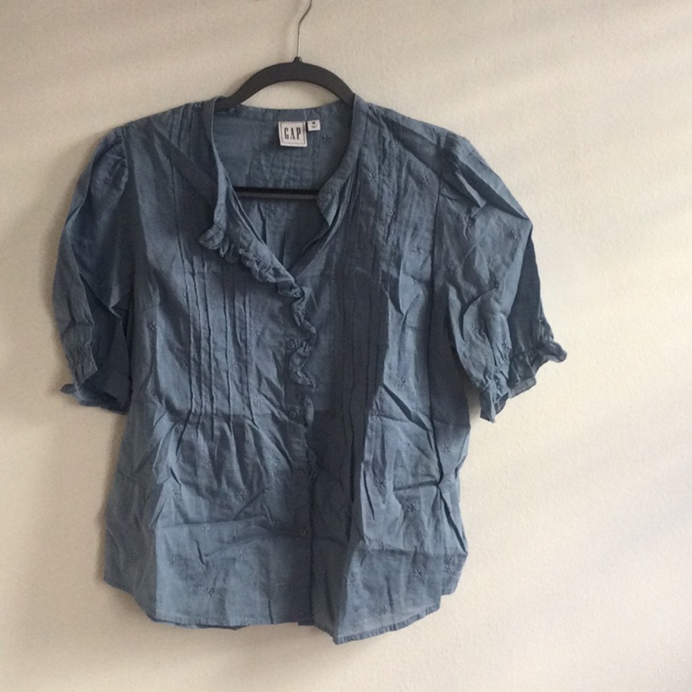 GAP Blue Button-Up Blouse with embroidered floral detail